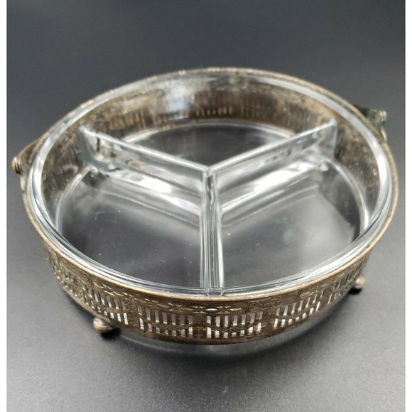 Art Nouveau Divided Glass Bowl with Distressed Silver Plate Holder Candy Snacks - Picture 9 of 16